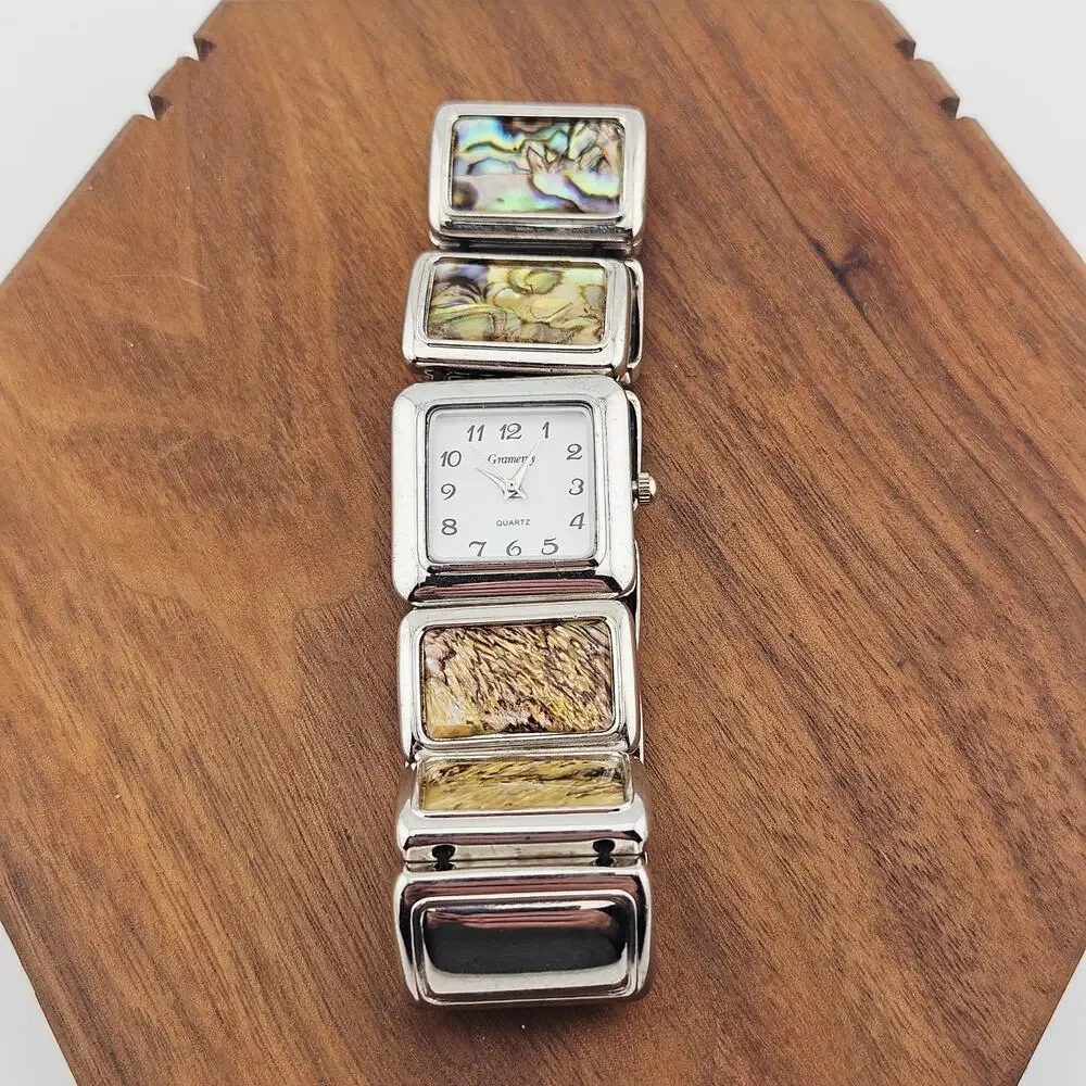 Gramercy Women's Bold Link Stretch Bracelet Watch Iridescent MOP Inlay Artsy